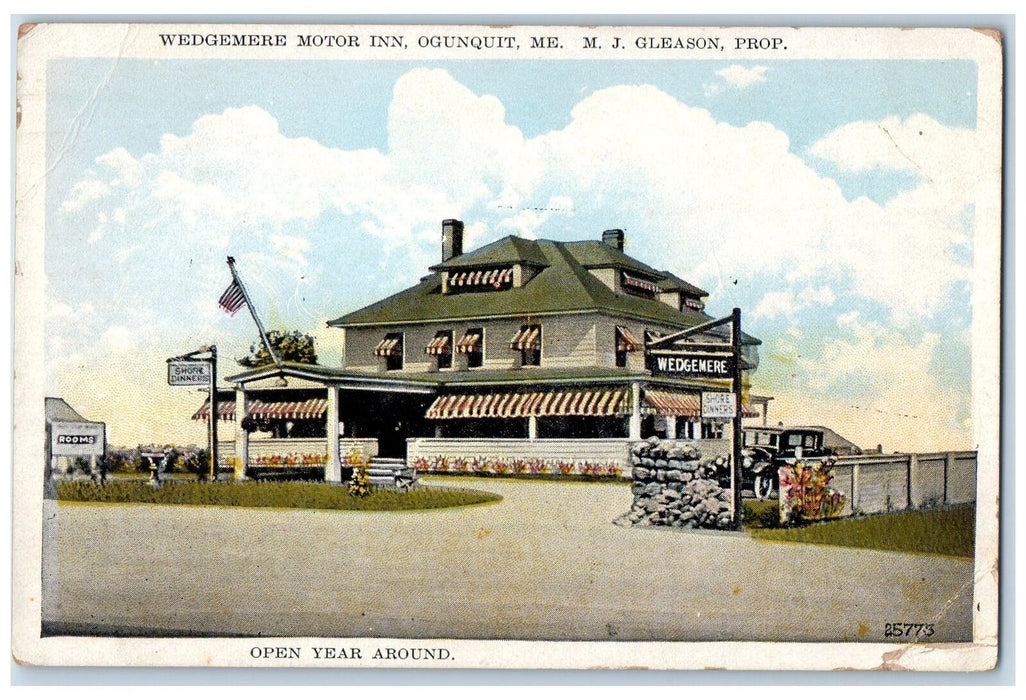 c1920's Wedgemere Motor Inn Entrance Restaurant Classic Car Ogunquit ME Postcard