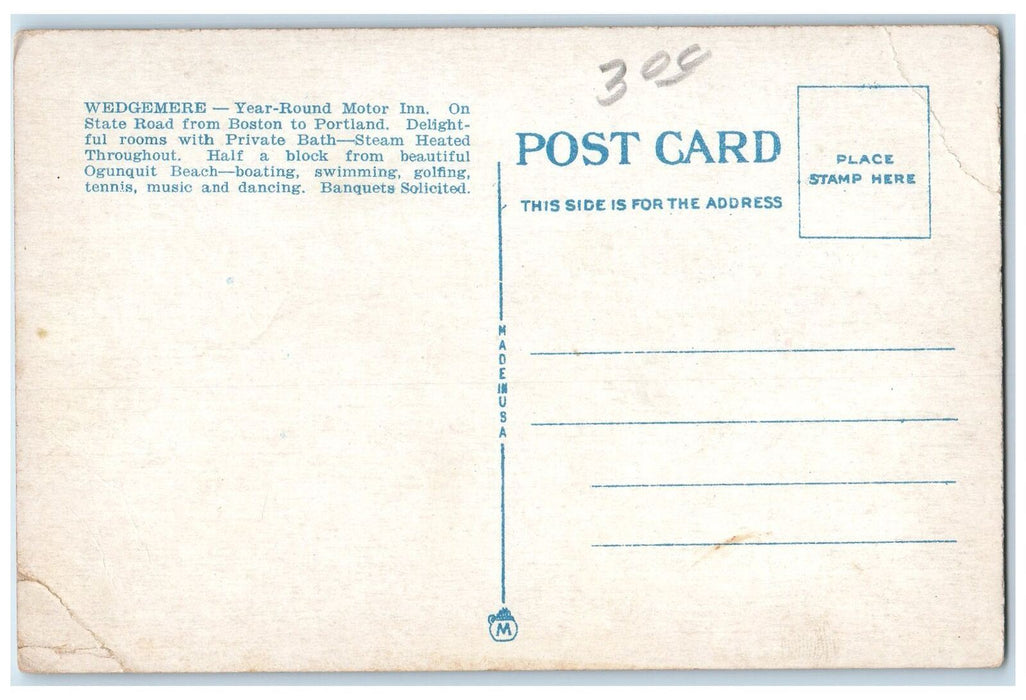 c1920's Wedgemere Motor Inn Entrance Restaurant Classic Car Ogunquit ME Postcard