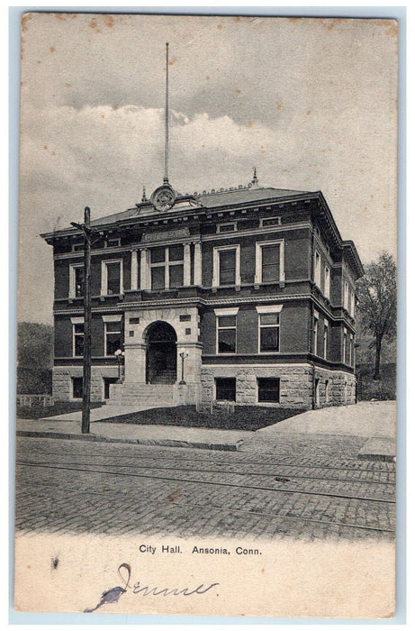 1905 City Hall Building Facade Railroad Entrance Stairs Lamp Ansonia CT Postcard