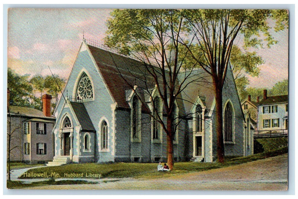 c1950 Hubbard Library Building Side View Woman Kid Hallowell Maine ME Postcard