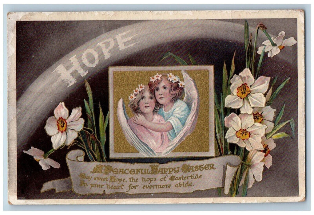 c1910's Easter Hope Girls White Flowers Gel Tuck's Posted Antique Postcard