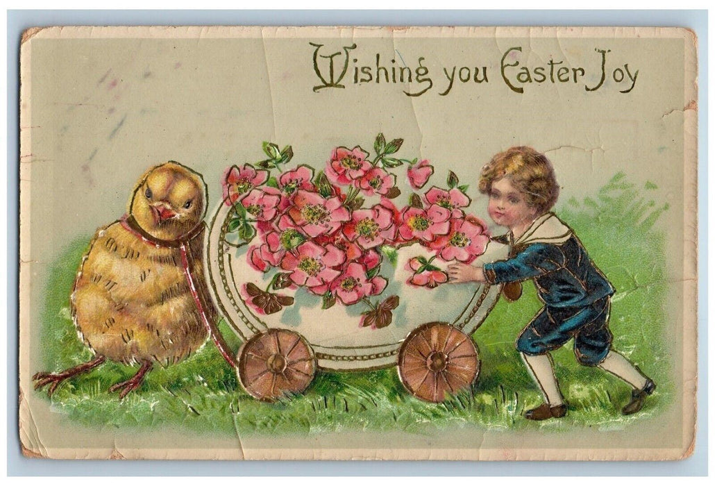 1910 Easter Greeting Joy Boy Pushing Egg Cart Flowers Gel Gold Gilt Postcard
