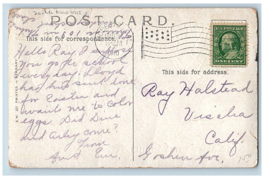 1910 Easter Greeting Joy Boy Pushing Egg Cart Flowers Gel Gold Gilt Postcard