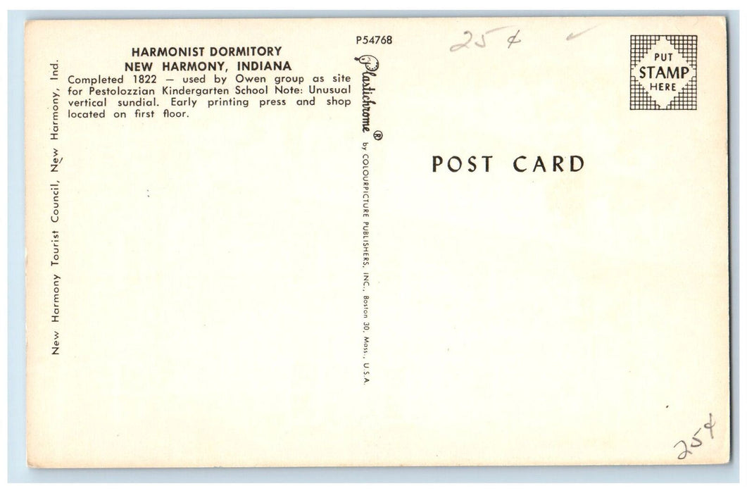 c1950 Harmonist Dormitory Building View Roadside New Harmony Indiana IN Postcard