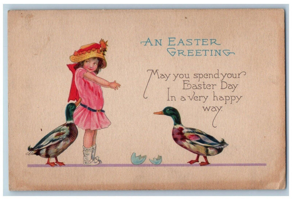1925 Easter Greeting Little Girl Mallard Ducks Hatched Egg Glenford OH Postcard