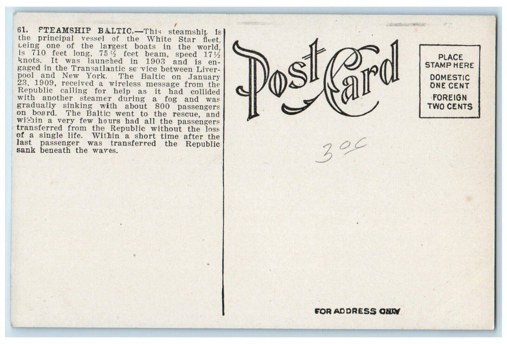 c1910 Steamship Baltic Steamer White Star Fleet Cruise Ferry Ship Sea Postcard