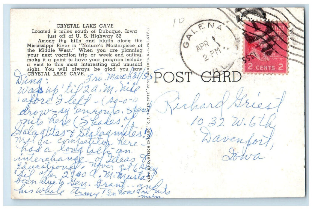 1955 View Of The Hidden Lake Crystal Lake Cave Dubuque Iowa IA Vintage Postcard