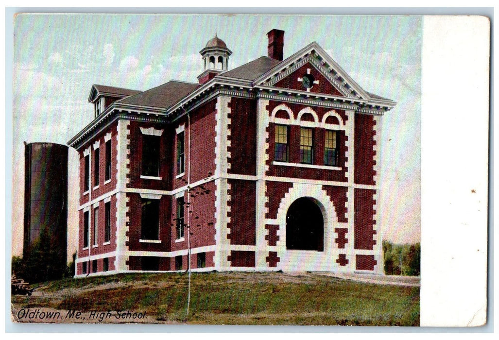 c1905 High School Campus Building Ground Entrance View Oldtown Maine ME Postcard