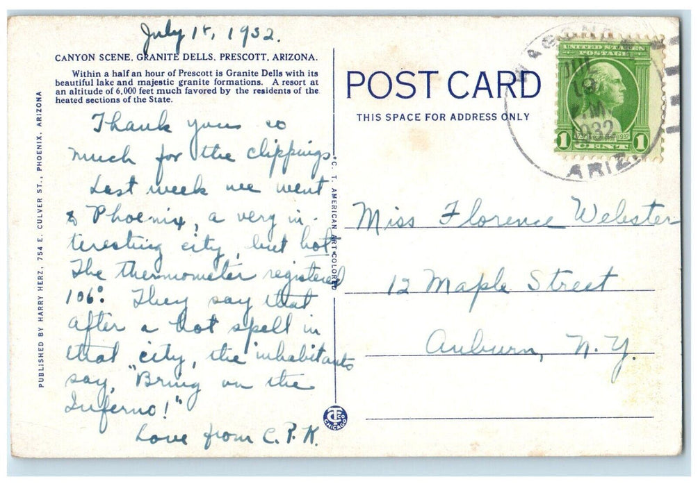 1932 Canyon Scene River Granite Dells Prescott Arizona Vintage Antique Postcard