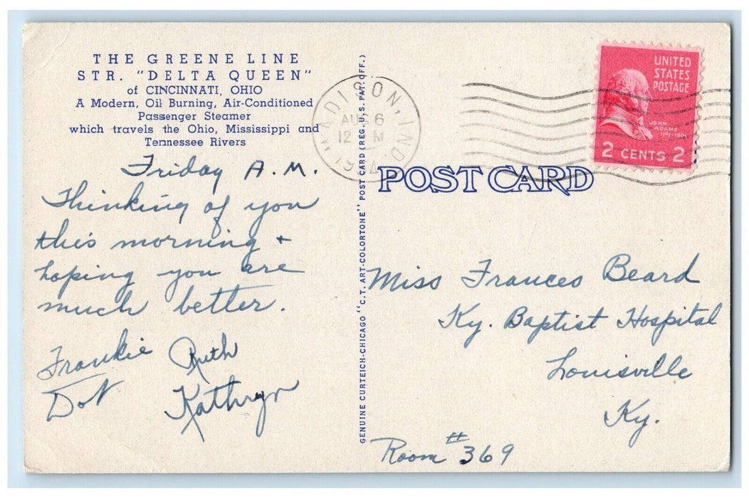 1954 The Delta Queen Greenline Steamer Ship Cincinnati Ohio OH Vintage Postcard