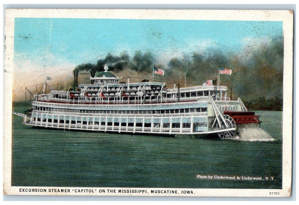 1929 Excursion Steamer Capitol On The Mississippi Muscatine Iowa IA Postcard