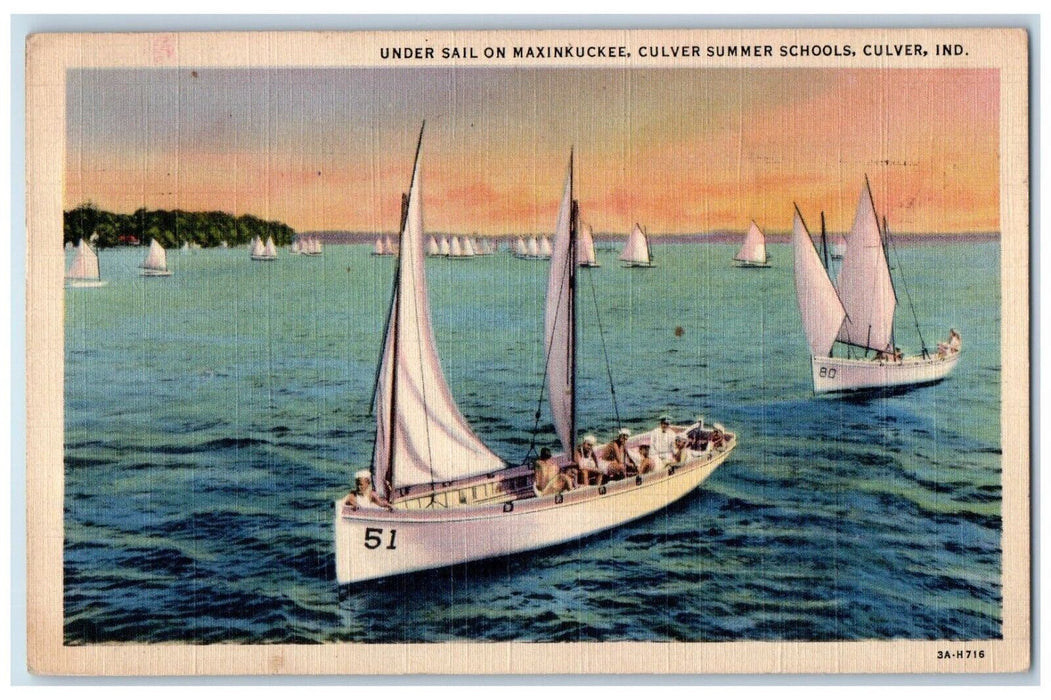 1943 Under Sail On Maxinkuckee Culver Summer Schools Culver IN Vintage Postcard