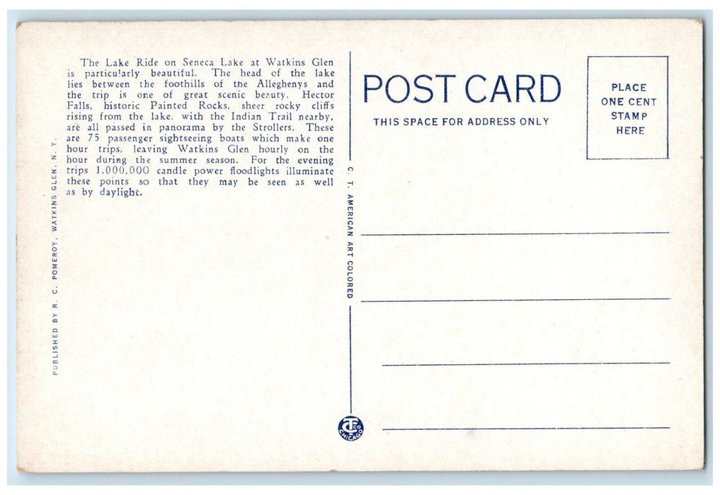 c1930's Watkins Glen NY, One Of The Stollers Seneca Lake Boat Passenger Postcard