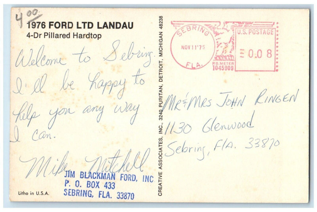 c1975 1976 Ford LTd. Landau 4 Door Pillared Hardtop Sebring Florida FL Postcard