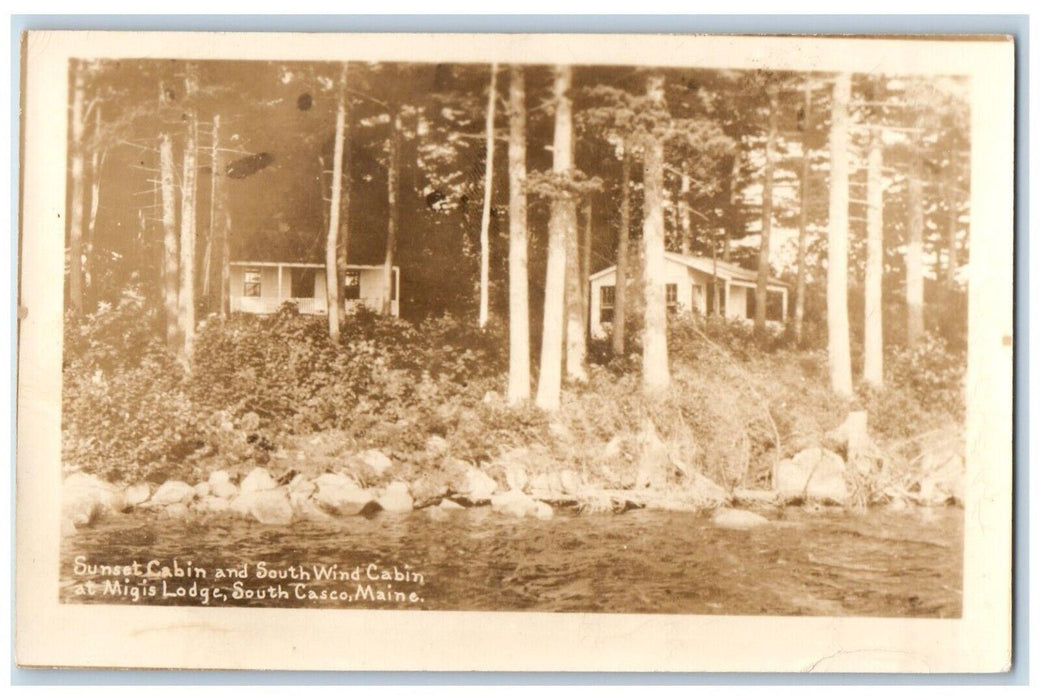1944 Sunset Wind Cabins At Migis Lodge Forest South Casco ME RPPC Photo Postcard