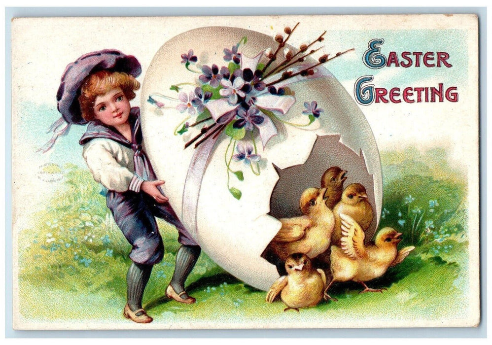 Easter Greetings Boy Dumping Hatched Egg Chicks Pipe Berry Flowers Postcard