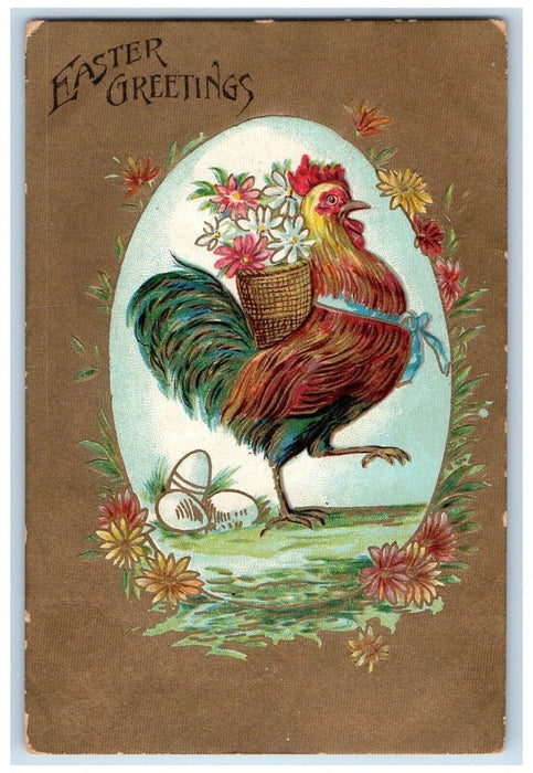 c1910's Easter Greetings Eggs Rooster Chicken Flowers Basket Embossed Postcard