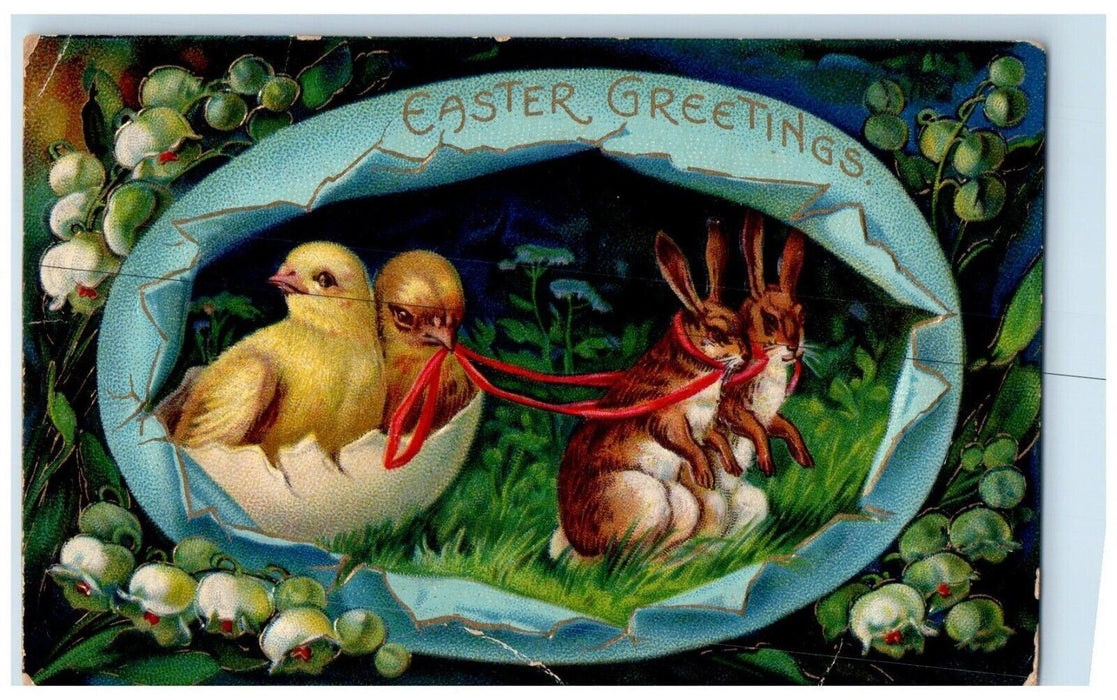 Easter Greetings Rabbits Hatched Egg Chicks Flowers Rockville WI Posted Postcard