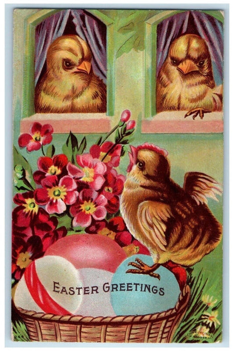 1909 Easter Greetings Chicks In Window Basket Eggs Flowers Antique Postcard