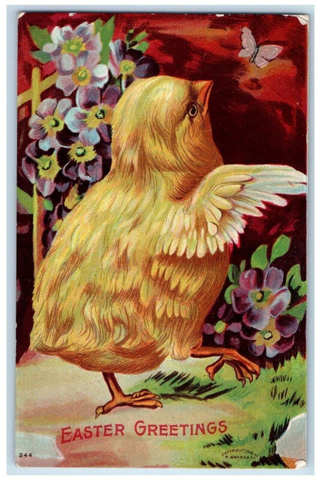 c1910's Easter Greetings Chick Caching Butterfly Flowers Embossed Postcard