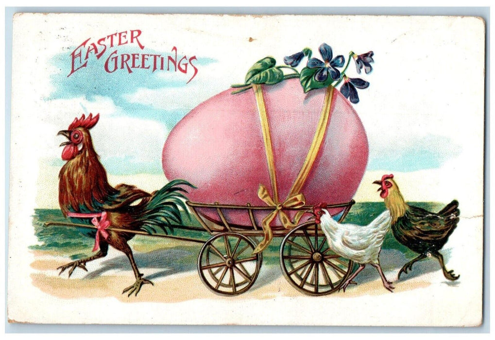 1905 Easter Greetings Rooster Pulling Wagon Giant Egg Flowers Embossed Postcard