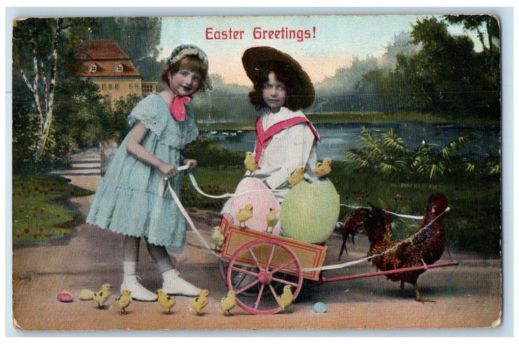 Easter Greetings Chicken Pulling Wagon With Eggs Chicks Lancaster WI Postcard