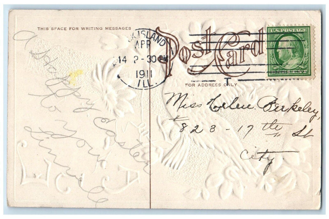 1911 Easter Holy Cross Bird And Flowers Rock Island Illinois IL Antique Postcard