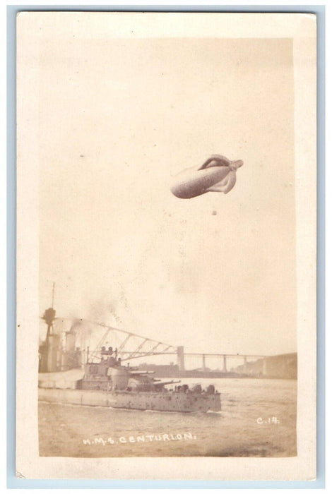 c1910's H.M.S. Centurion Ship Barrage Kite Balloon UK London RPPC Photo Postcard