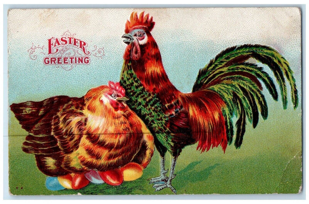 c1910's Easter Greetings Rooster Chicken Hen Eggs Embossed Antique Postcard