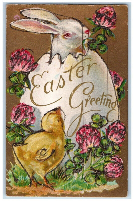 c1910's Easter Greetings Hatched Egg Rabbit Chick Flowers Embossed Postcard