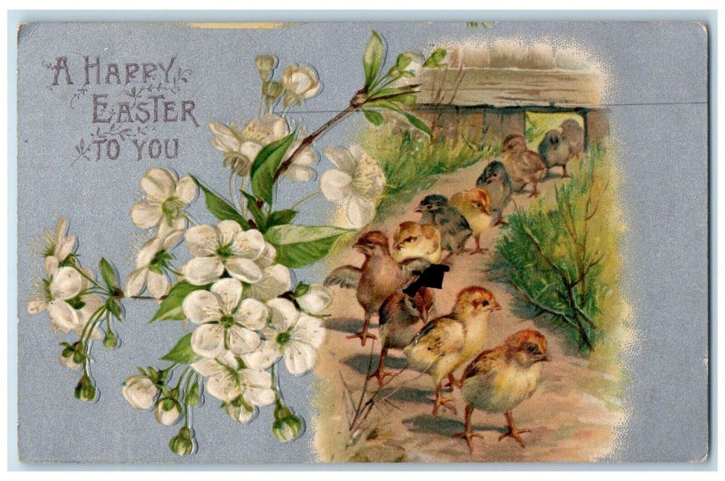 c1905 Easter Chicks In Line White Flowers Embossed Nash Posted Antique Postcard