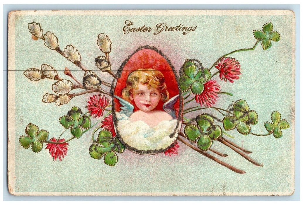 c1910's Easter Greetings Egg Pipe Berry Shamrock Flowers Embossed Postcard