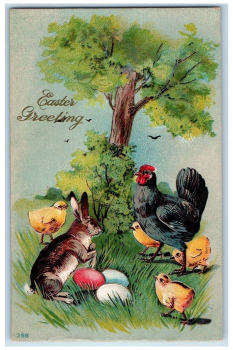 1911 Easter Greetings Rabbit Eggs Chicken Chicks Embossed Chicago IL Postcard