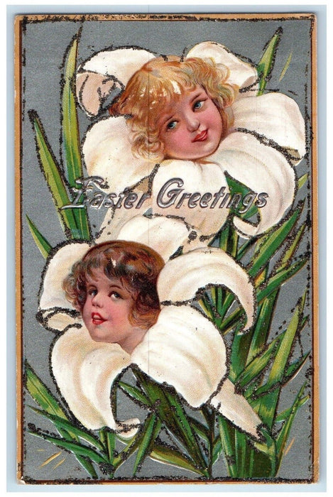 c1910's Easter Greetings Childrens Head In Lily Flowers Winsch Back Postcard