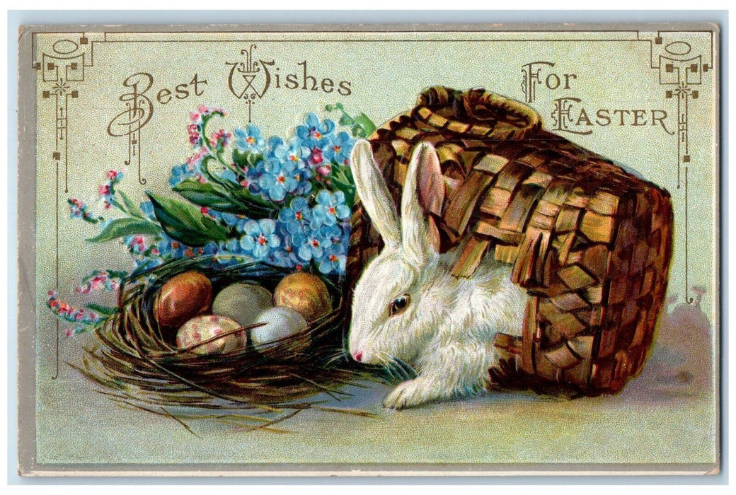 1912 Easter Eggs Nest Rabbit In Basket Pansies Flowers Cordova IL Postcard