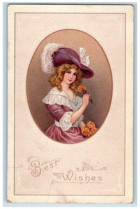 1915 Easter Best Wishes Egg Pretty Woman Big Hat Flowers Sac City IA Postcard