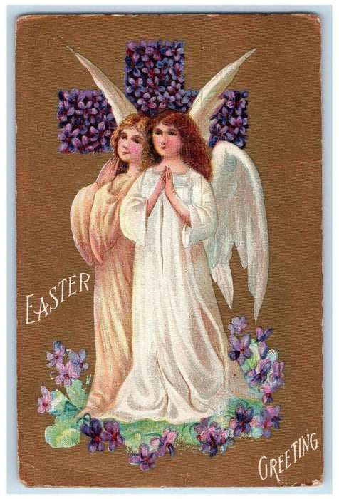 1910 Easter Greetings Holy Cross Purple Flowers Angels Midway DE Posted Postcard