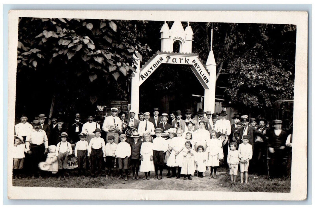 1908 Joe Lukan Austrian Park Pavilion Kids Seatonville IL RPPC Photo Postcard