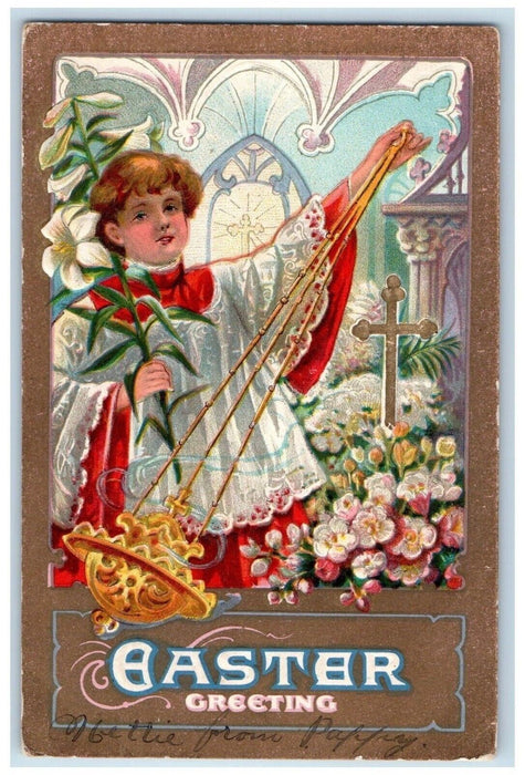 c1910's Easter Greeting Holy Cross Boy Incense Lily Flowers Embossed Postcard