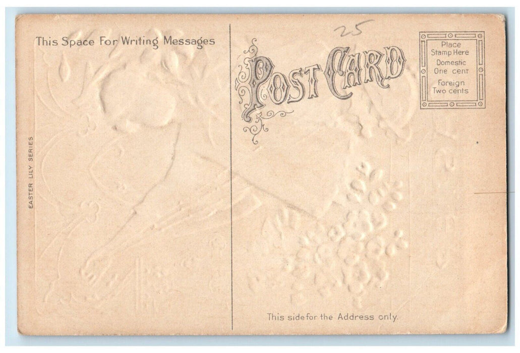 c1910's Easter Greeting Holy Cross Boy Incense Lily Flowers Embossed Postcard