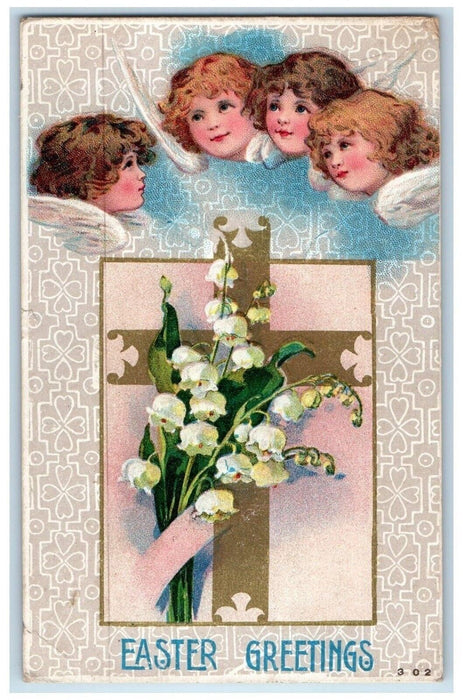 1912 Easter Greetings Holy Cross And Flowers Angels Head Fowlerville MI Postcard