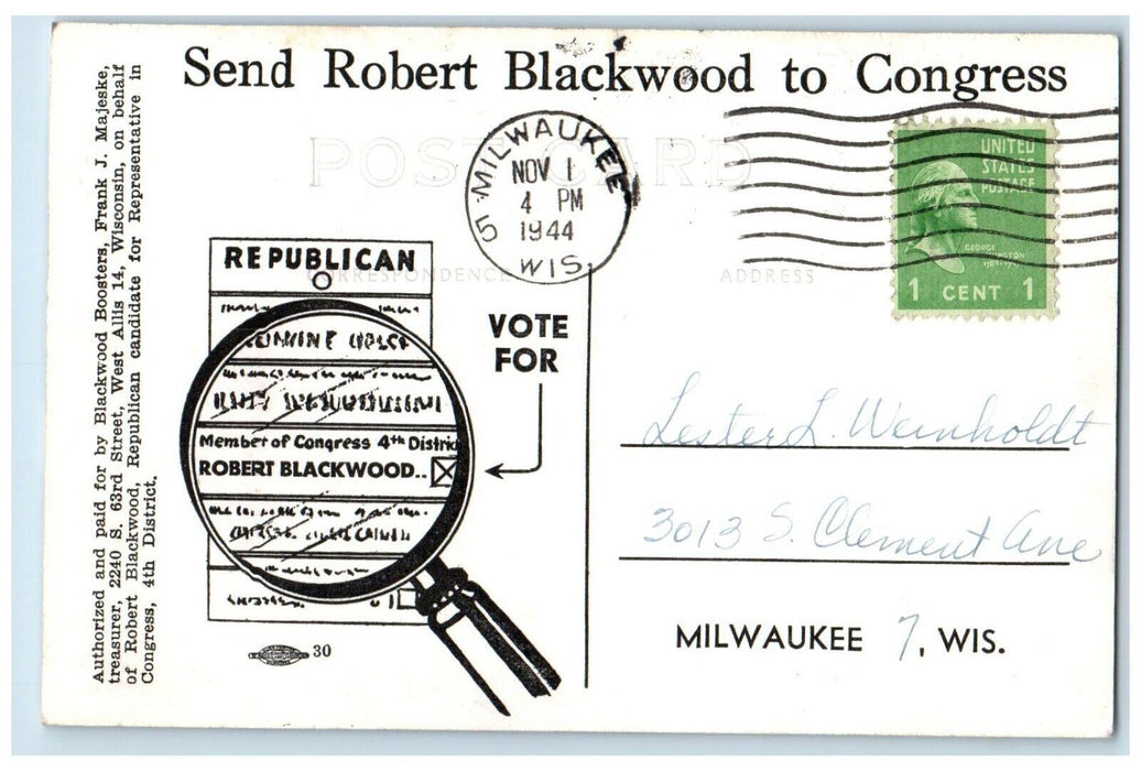 1944 Robert Blackwood Republican Political Milwaukee WI RPPC Photo Postcard