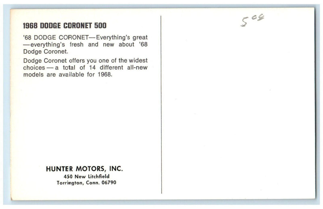 c1960 1968 Dodge Coronet 500 Hunter Motors Dealership Torrington Conn Postcard