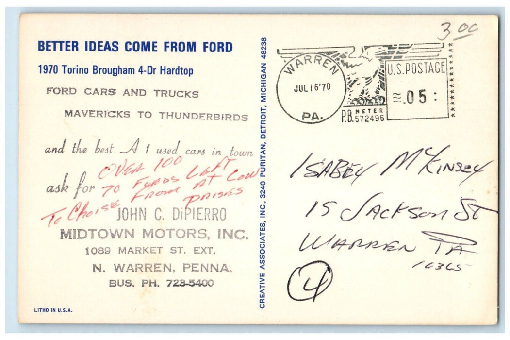c1970 Torino Brougham 4-Door Hardtop Ford Midtown Motors Dealership PA Postcard