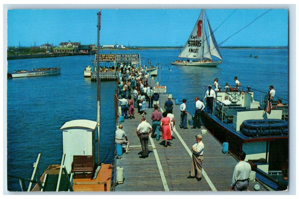c1959 Inlet Pier Crowd Sail Boat Atlantic City New Jersey NJ Antique Postcard