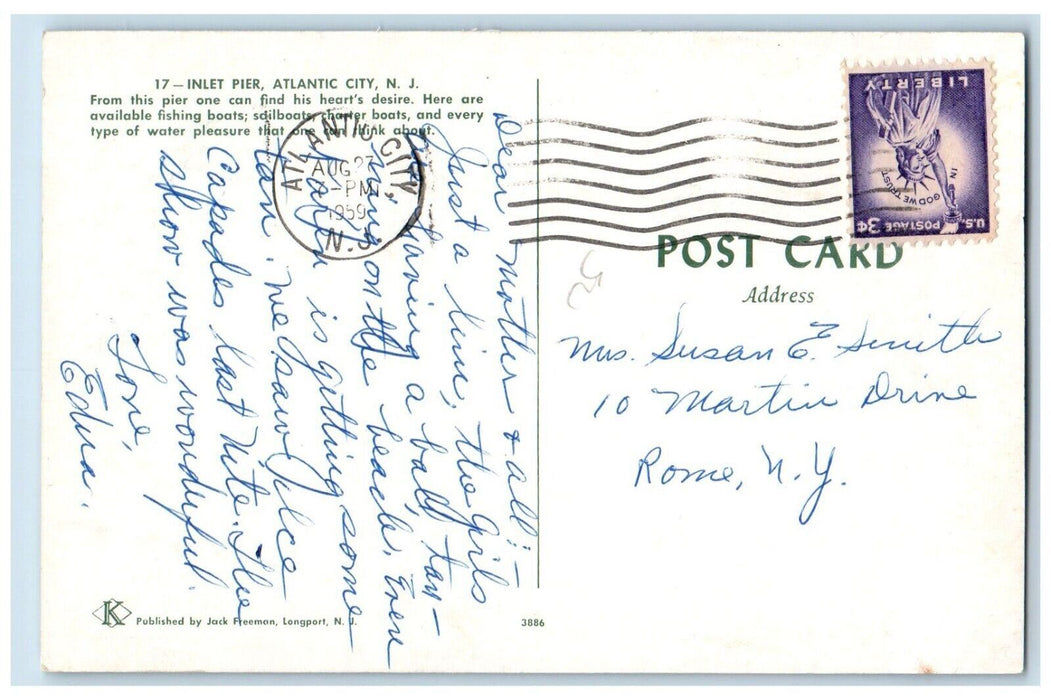 c1959 Inlet Pier Crowd Sail Boat Atlantic City New Jersey NJ Antique Postcard