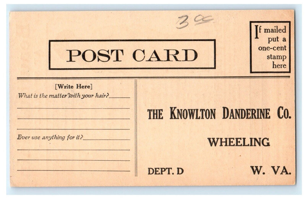 c1910 Knowlton Danderine Hair Quack Medicine Advertising Wheeling WV Postcard