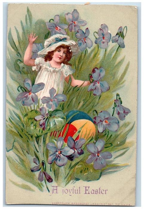 c1910's Joyful Easter Girl Picking Flowers Eggs Rock Island Illinois IL Postcard