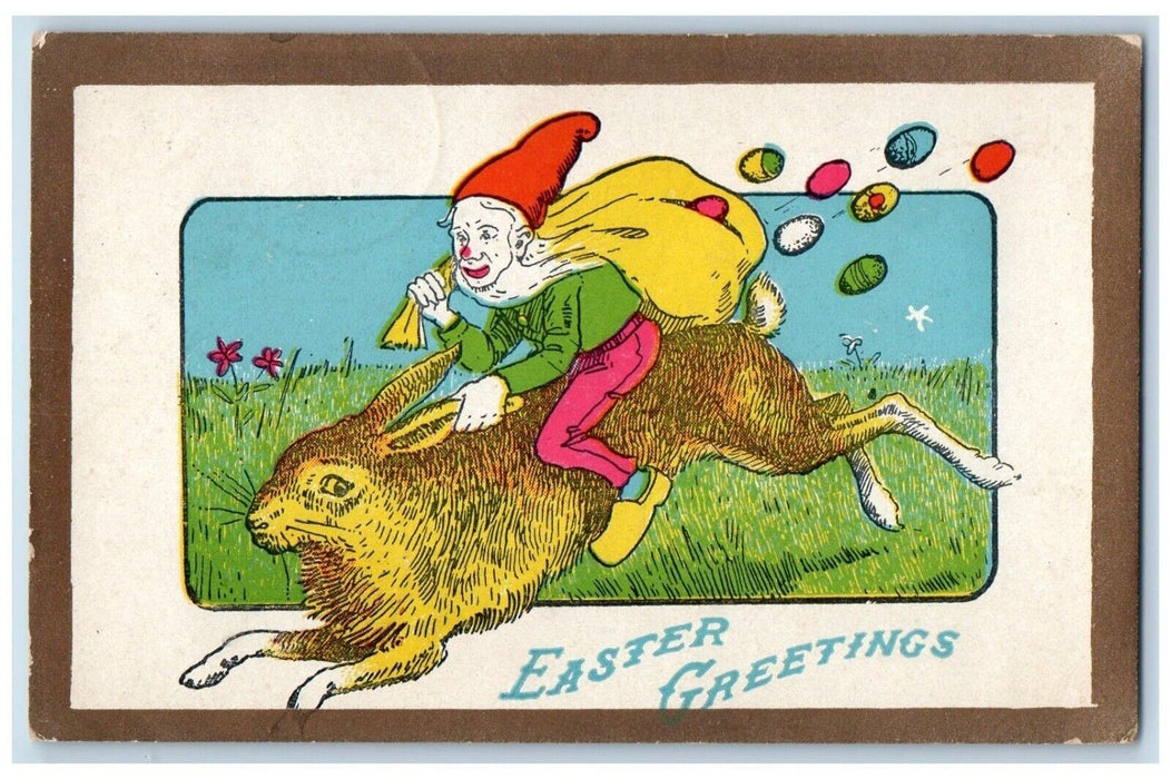 1910 Easter Greetings Jersey Santa Elf Gnome Riding Rabbit Sack Of Eggs Postcard