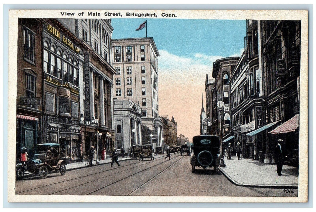 c1910 View Of Main Street Railway Classic Cars Downtown Bridgeport CT Postcard